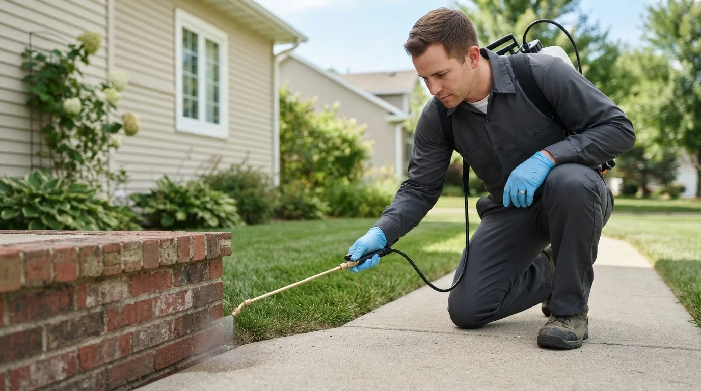 Pest control technician treating a home near Keokuk, IA