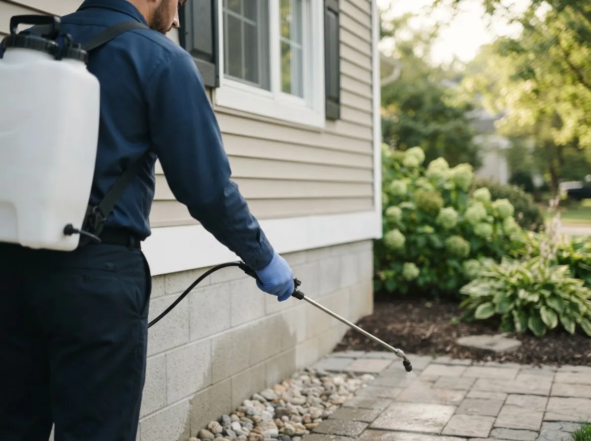 Pest control technician inspecting a home in Keokuk, IA